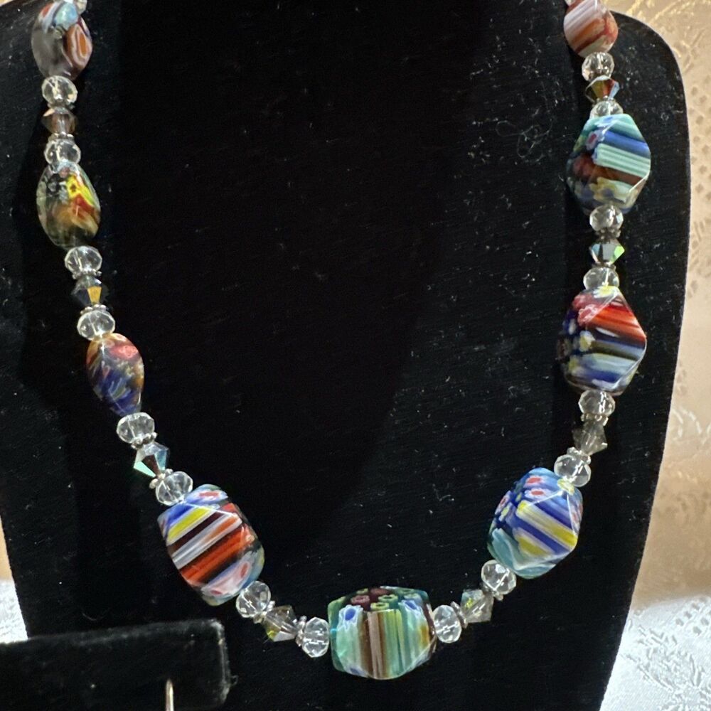 Millefiori Beads & Crystal Necklace Signed DOL